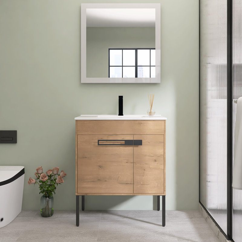 30'' Bathroom Vanity With White Ceramic Sink & 2 Soft-Close Cabinet Doors, Freestanding or Floating is Optional, Oak