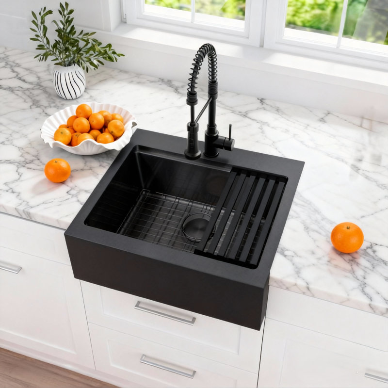 26" L X 22" W Large Farmhouse Kitchen Sink Single Bowl Stainless Steel Kitchen Sink Single Basin, Matte Black