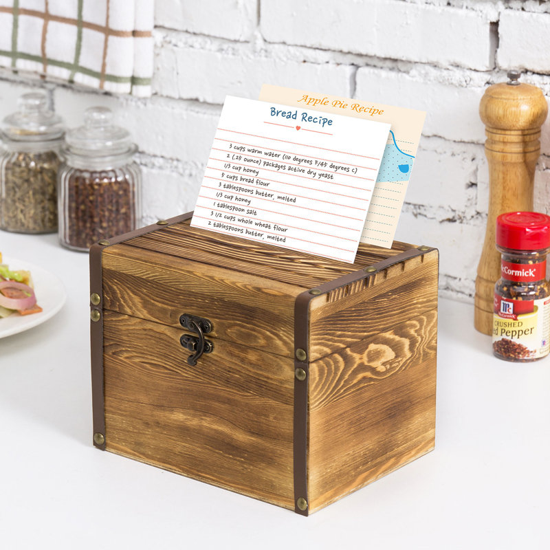 Boîte à cartes de recettes en bois massif, Brun