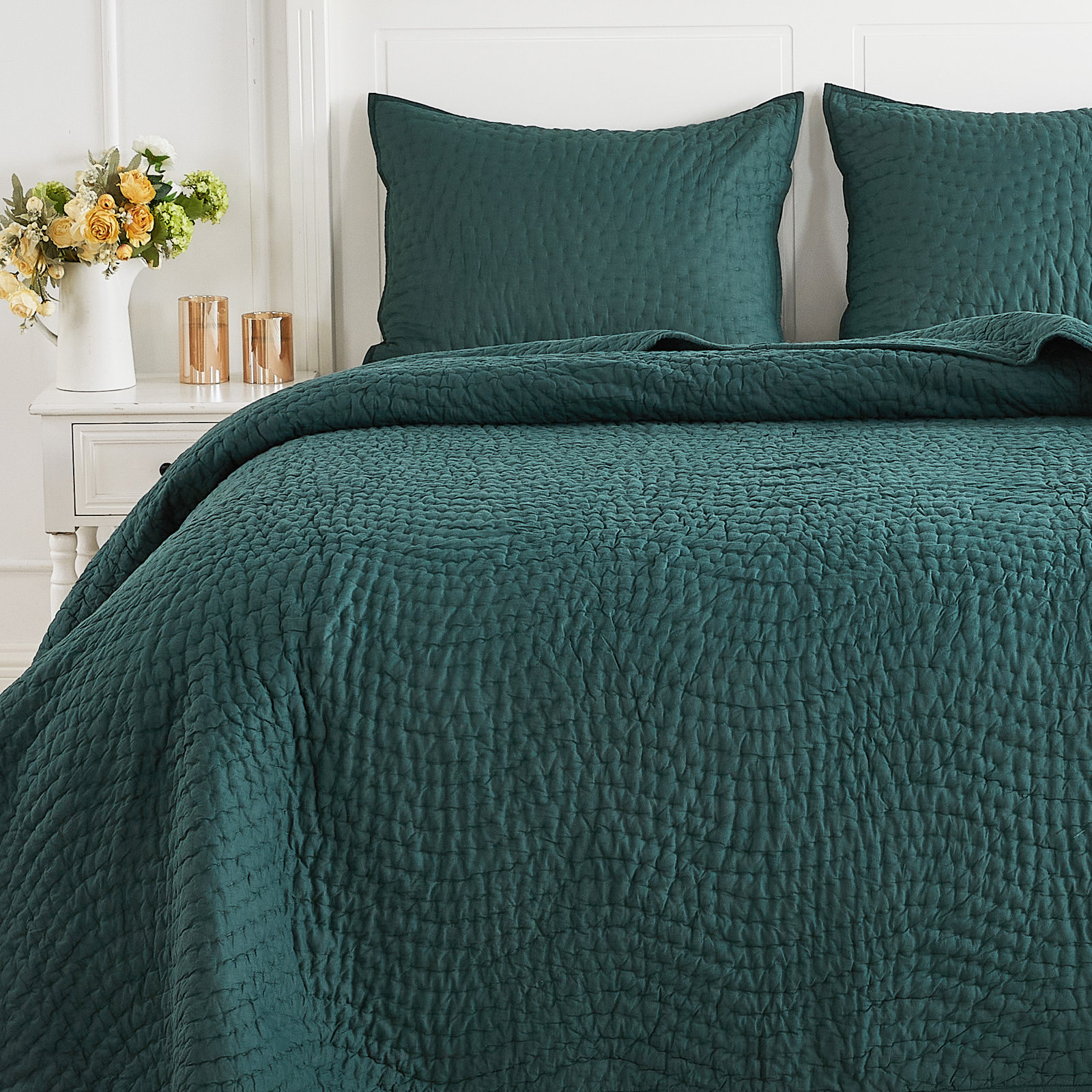 Voile Cotton Quilt Set, Green, Queen Quilt + 2 Standard Shams