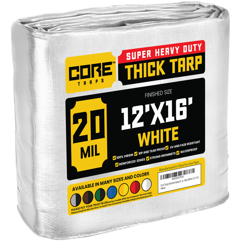 Bâche en polyéthylène robuste de 20 mil, imperméable et résistante aux rayons UV, Blanc, 12 ft. x 16 ft.