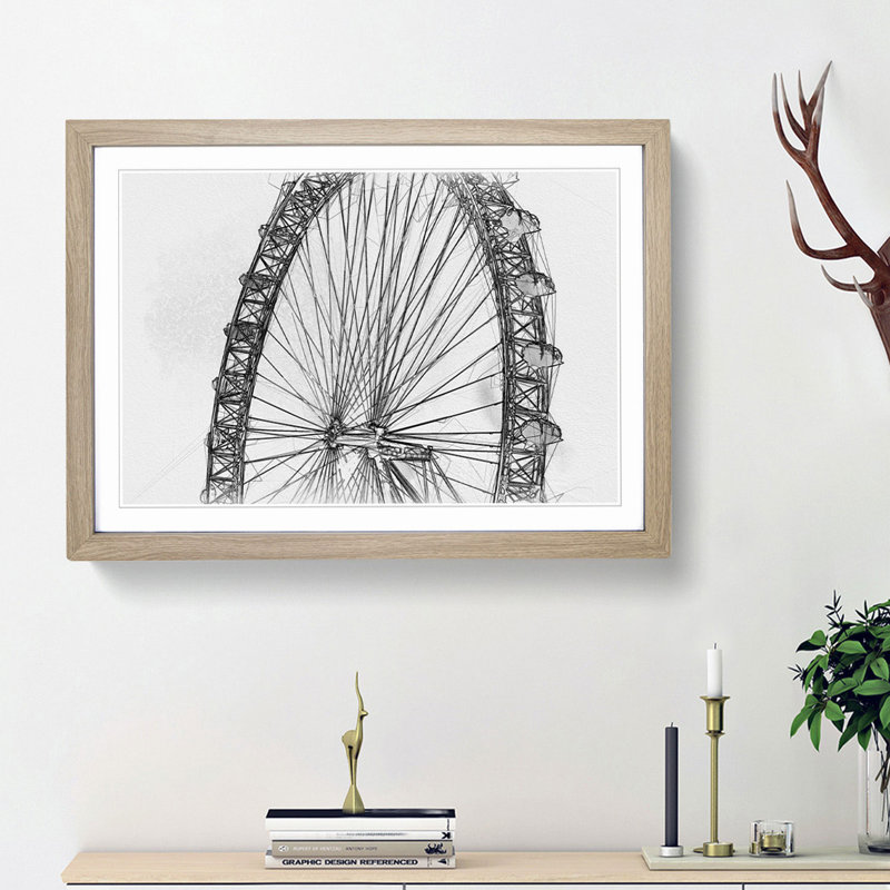 The London Eye London in Abstract - Picture Frame Graphic Art Print, 62cm H x 87cm W x 2cm D, Oak Framed