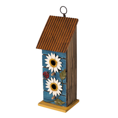 15"H 2-Tiered Solid Wood & Metal Daisy Birdhouse in Washed Blue 