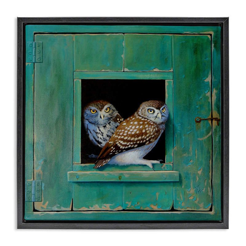 Spotted Owls Perched Ledge, Jet Black Floater Frame, 25" H x 25" W