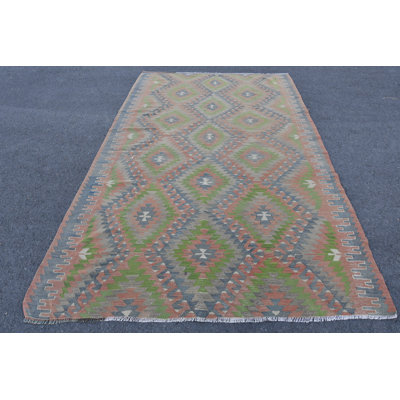 Vintage Turkish Oushak Kilim with Traditional Geometric Design and Faded Aesthetic Orange/Green