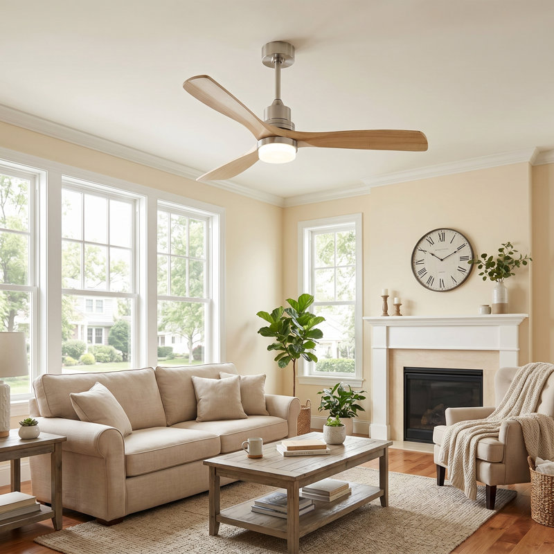  52-inch Modern Ceiling Fan with Light, 3 Solid Wood Blades, DC Motor, 6 Speeds, Downrod Mount for Bedroom, Living Room, Oak