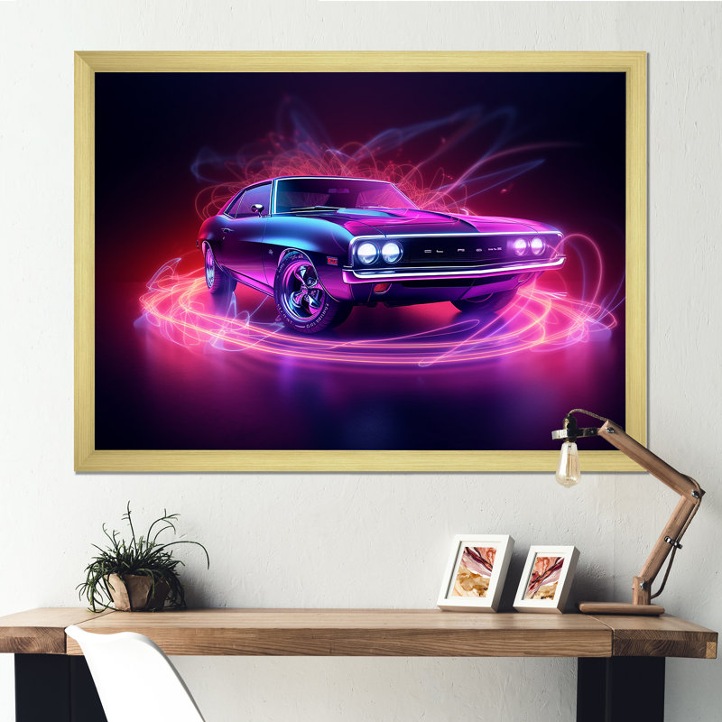 «Neon Light American Muscle Car I», reproduction sur toile, Cadre doré simple, H 16 po x l 32 po x P 1 po
