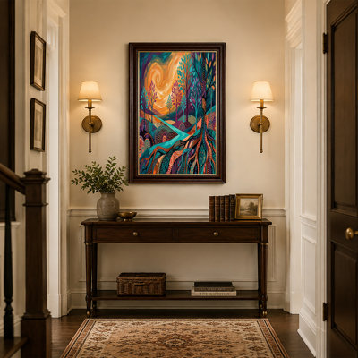 Art mural sur toile bleu sarcelle et arbres mauves sur fond de ciel orange tourbillonnant
