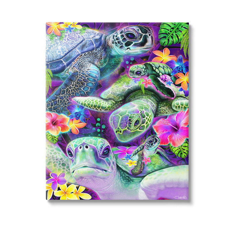 Art mural sur tortues tropicales et hibiscus par Sheena Pike, H 48 po x l 36 po x P 1,5 po, Toile tendue