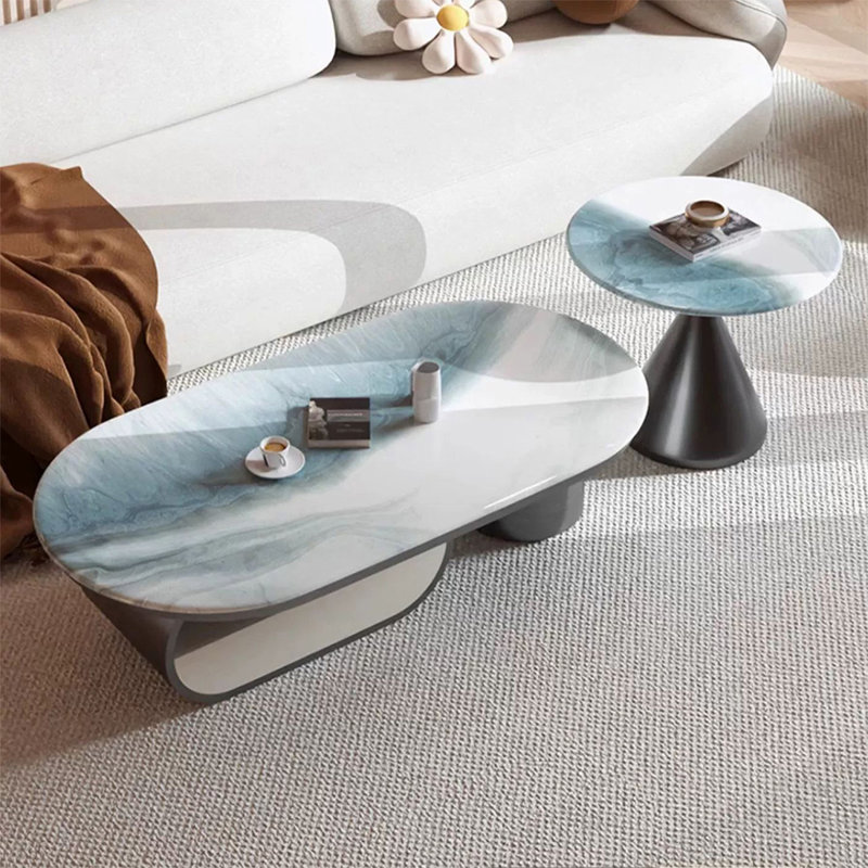 Table basse ovale en bois manufacturé blanc et acier inoxydable, Bleu / blanc, H 16,54 po x L 47,24 po x l 23,62 po