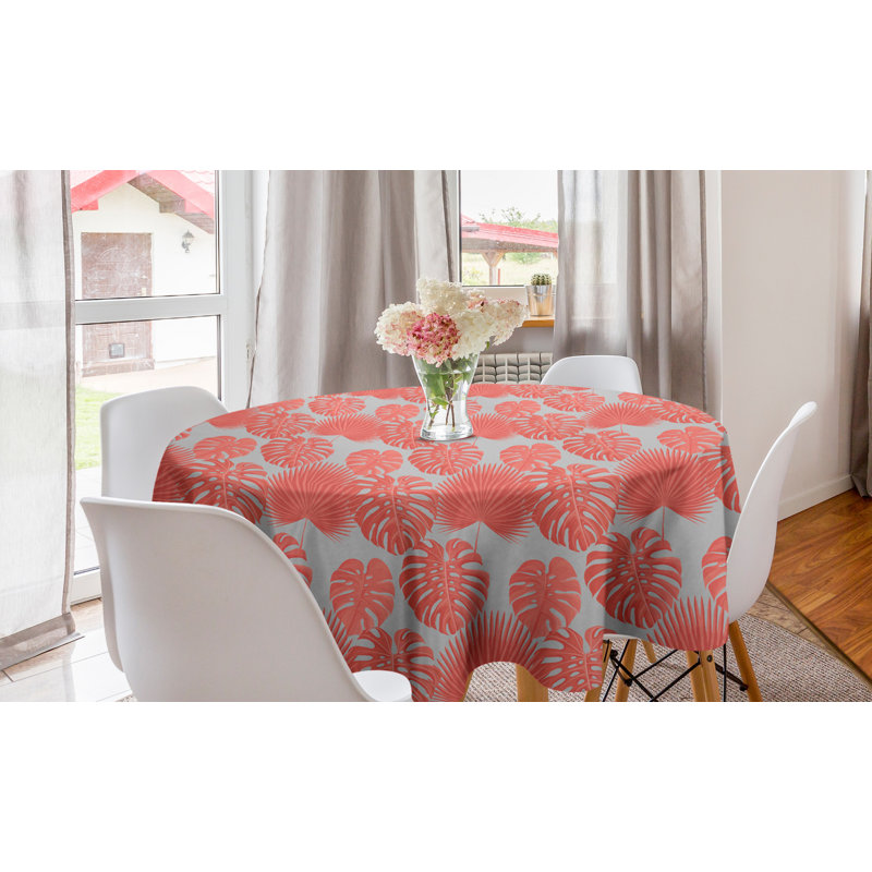 Ambesonne Tropical Round Tablecloth, Print Of Big Monstera Leaves Hawaiian Summer Plantation Exotic Feels, Circle Table Cloth Cover For Dining Room Kitchen Decoration, 60", Pale Grey And Salmon