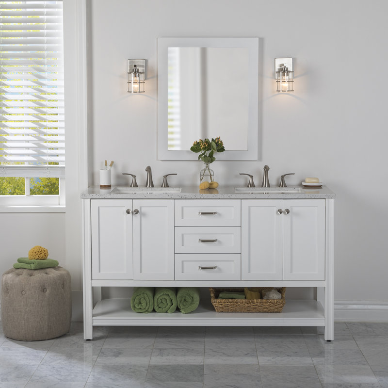 Nurtene 60'' Double Bathroom Vanity with Poly Marble Top, Silver Ash, White