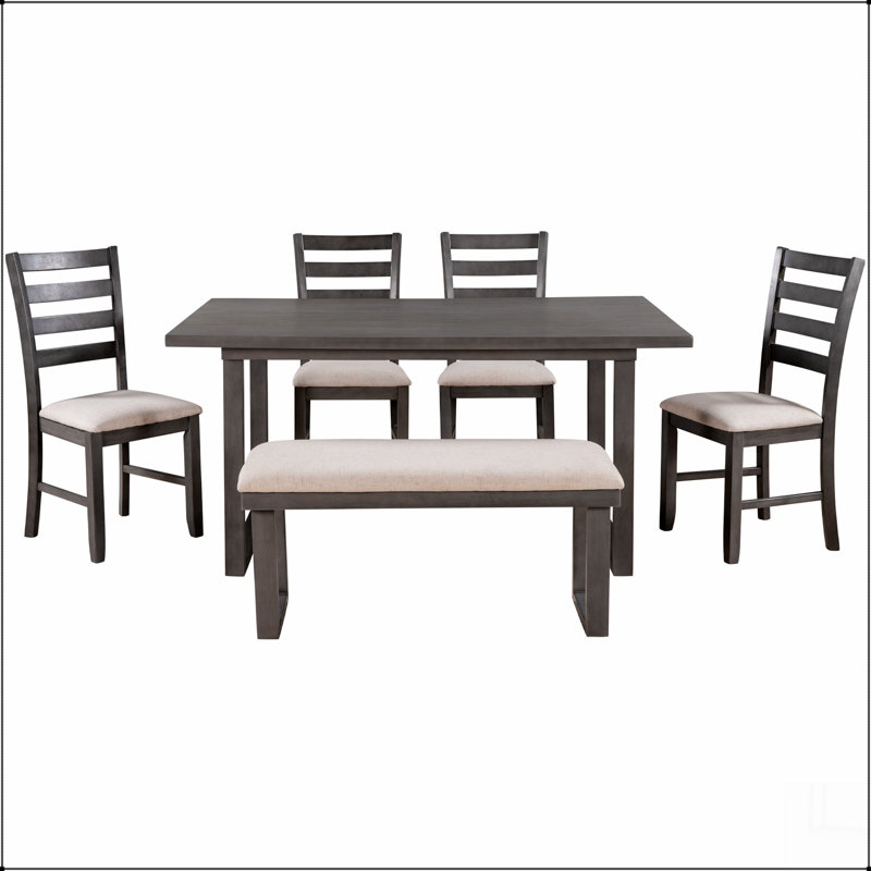 Ensemble de salle à manger 6 pièces en bois massif avec table rectangulaire et 4 chaises avec banc