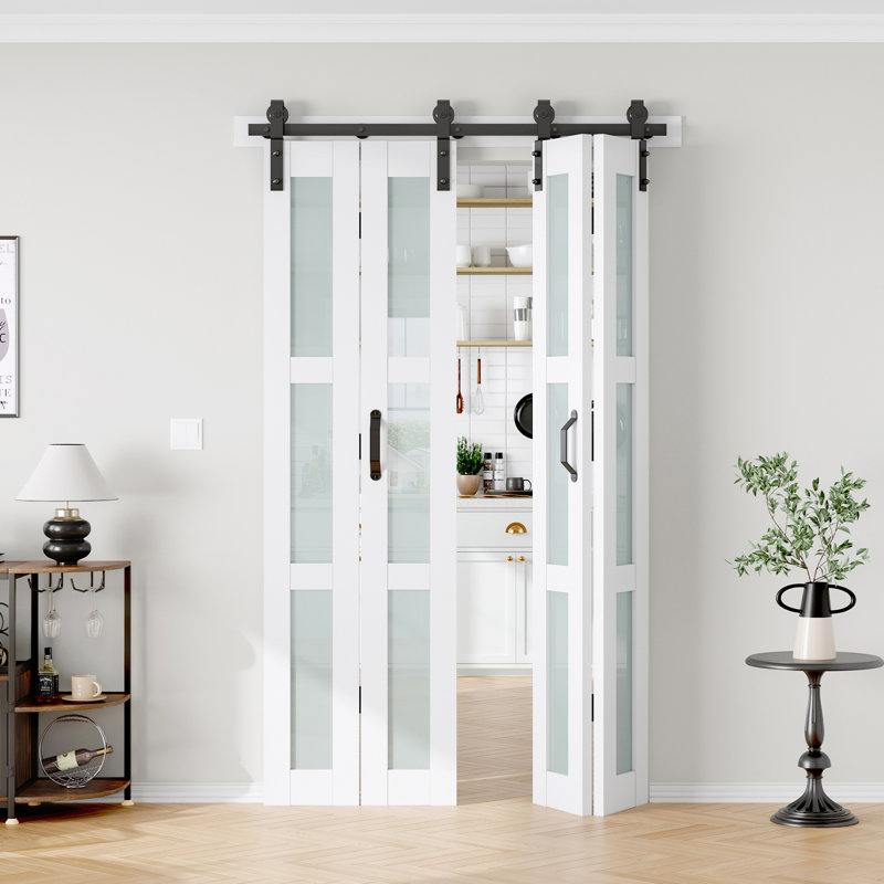 Glass And Solid Manufactured Wood Bi-Fold Barn Door With Installation Hardware Kit, 48" x 84", 4