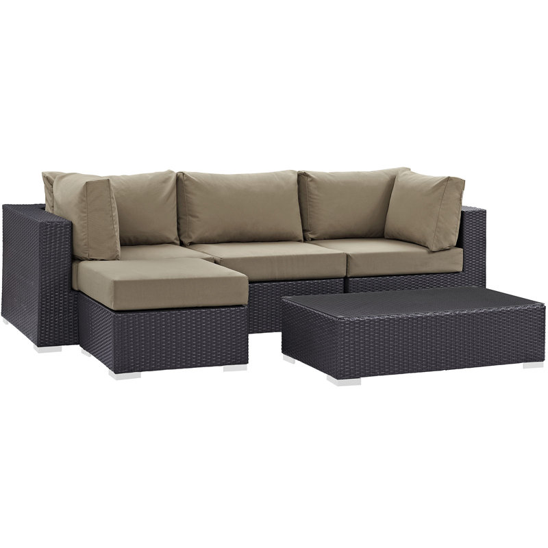 Convene 5 Piece Rattan Sectional Seating Group with Cushions, Mocha