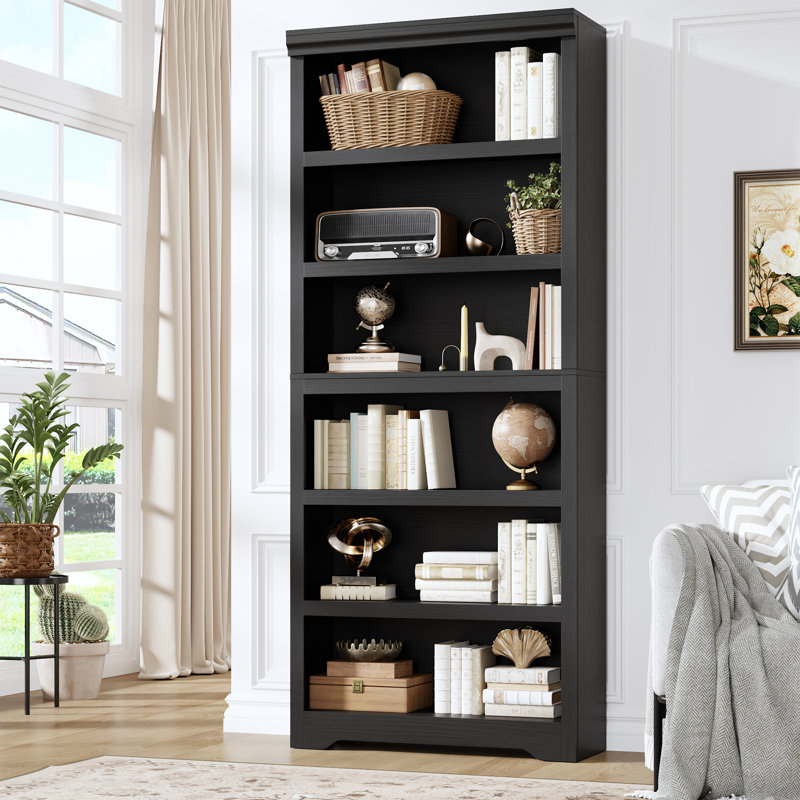 6-Tier Farmhouse Bookcase with Adjustable Shelves, Floor Standing Open Display Storage Rack, Anti-Slip Design, Black
