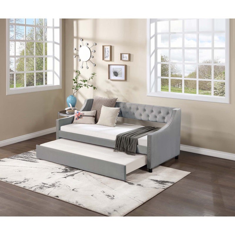 Lit de jour rembourré en tissu Darikson, Gris, Lit double
