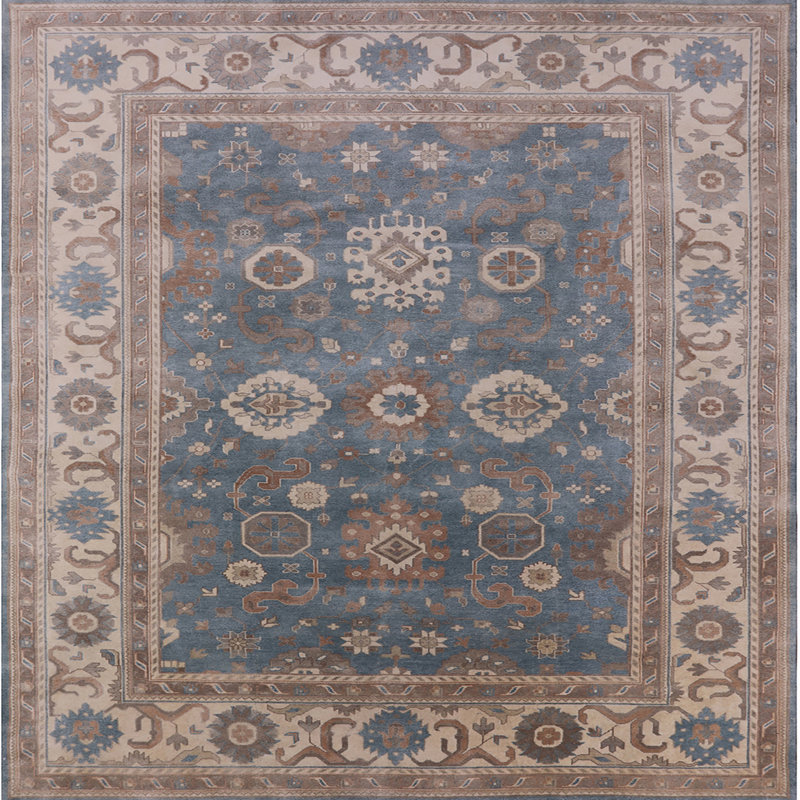 Tapis oriental brun / bleu / beige, Carré de 7 pi