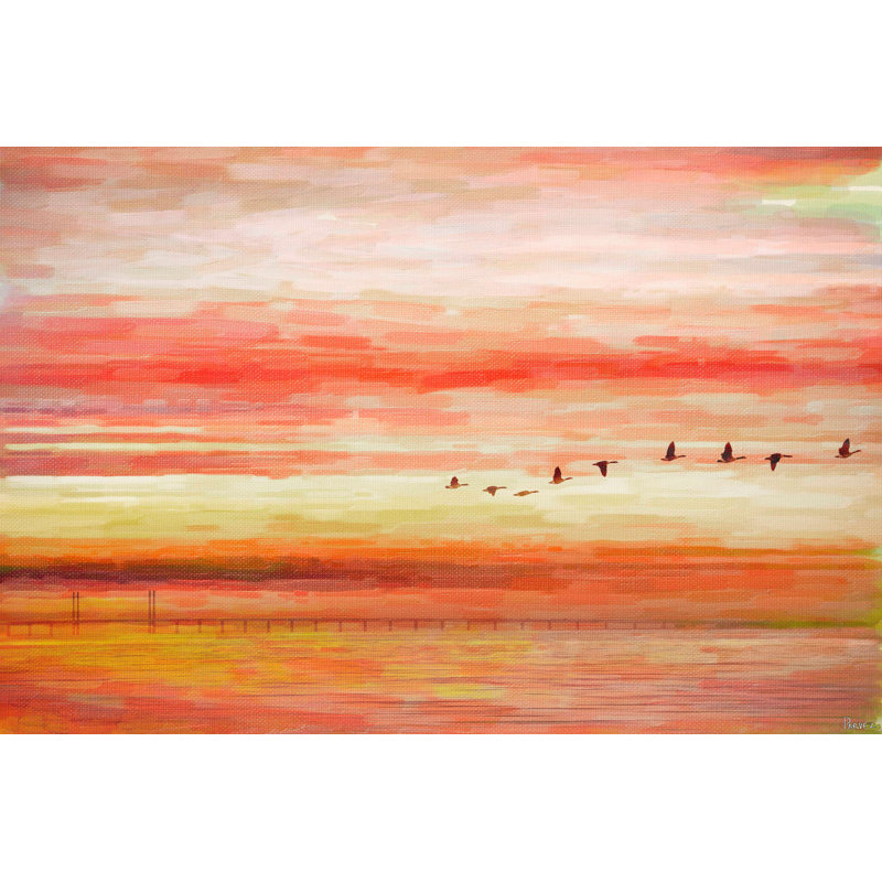 « flying south » par parvez taj,, reproduction de peinture à l’huile sur toile tendue, H 12 po x l 18 po x P 1,5 po
