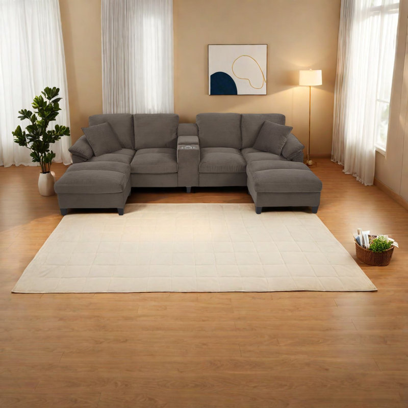 Canapé modulaire spacieux en velours côtelé avec rangement en U pour salon moderne