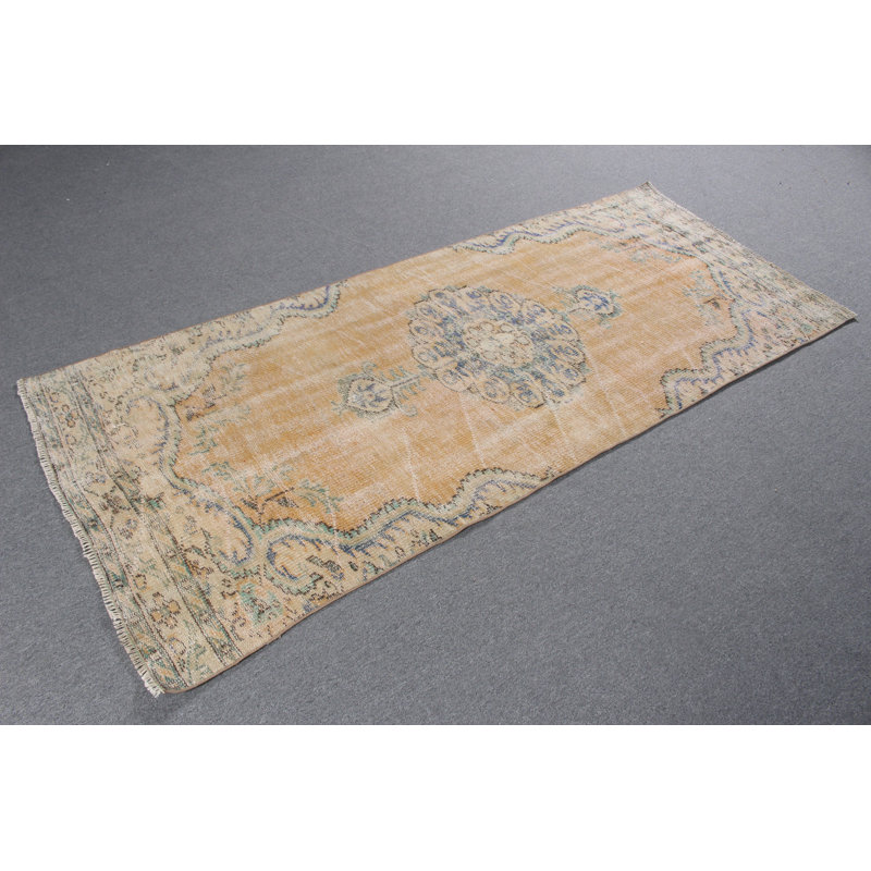 Tapis vintage orange en laine rétro à motif médaillon de couleur anatolienne idéal pour les vestibules