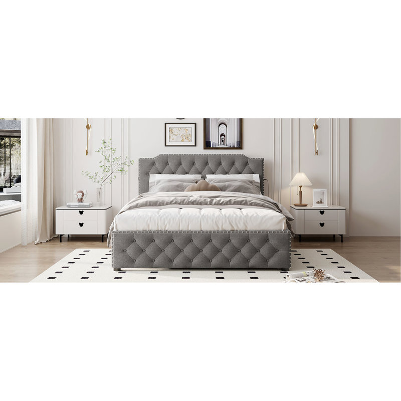 Grand lit rembourré avec lit gigogne simple et chargeurs, tissu en lin gris