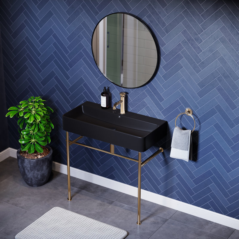 Lavabo console en céramique Claire, Noir et or, H 35 po x l 16,31 po x L 35,38 po