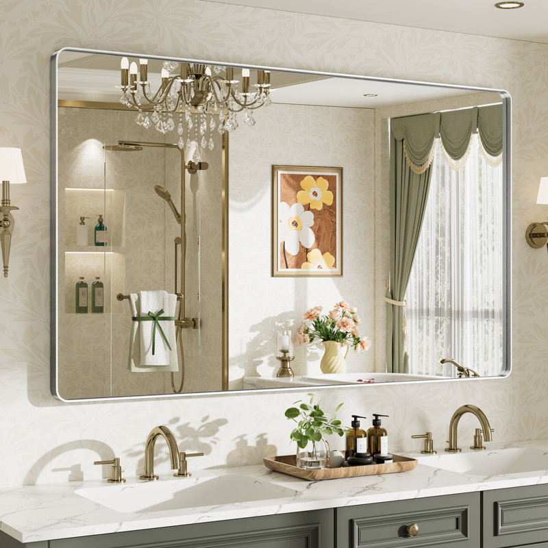 Miroir de salle de bain mural Llesenia, 60 po x 36 po, Argent argent, Rectangulaire