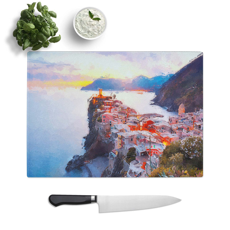 Tempered Glass View of Venazza in Italy in Abstract Cutting Board, 28.5 cm W x 20 cm L