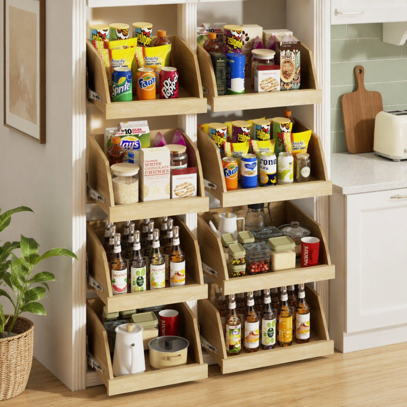 Étagère de rangement coulissante en bois avec rails à pleine extension et fermeture rigide, conception à grands tiroirs, convenant aux armoires de cuisine et au garde-manger.