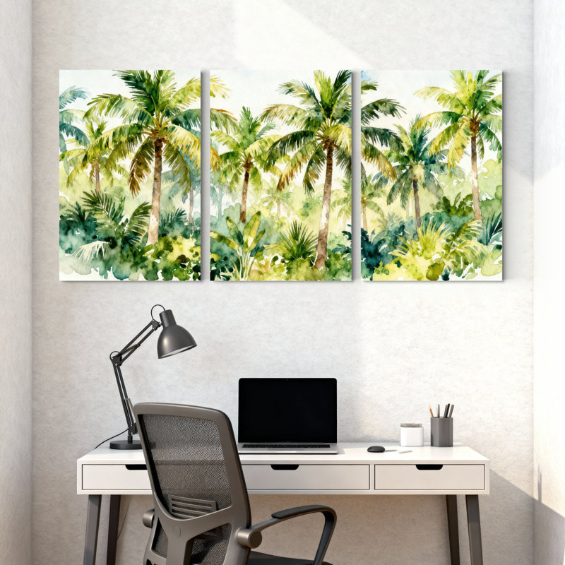 Palmiers, palmiers tropicaux, aquarelle, ensemble de 3 impressions sur toile, H 30 po x l 60 po