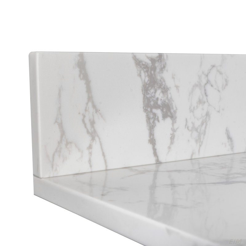 Dessus de meuble-lavabo en pierre de 43 po x 22 po en marbre blanc de Carrare avec lavabo rectangulaire encastré en céramique et 3 trous de robinet avec dosseret.