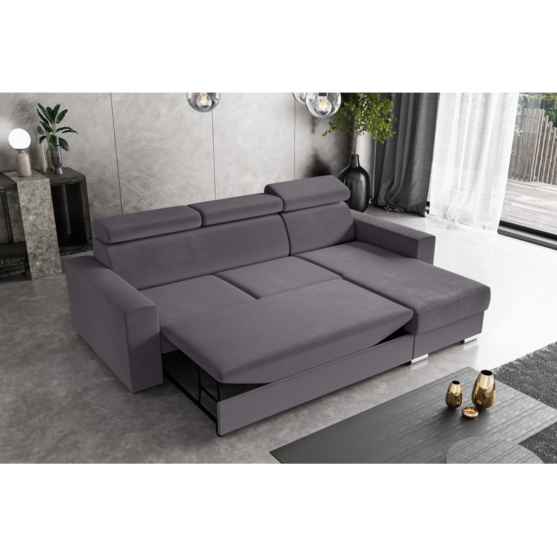 Philbert Corner Sofa Bed, Grey Polyester, Right Hand Facing