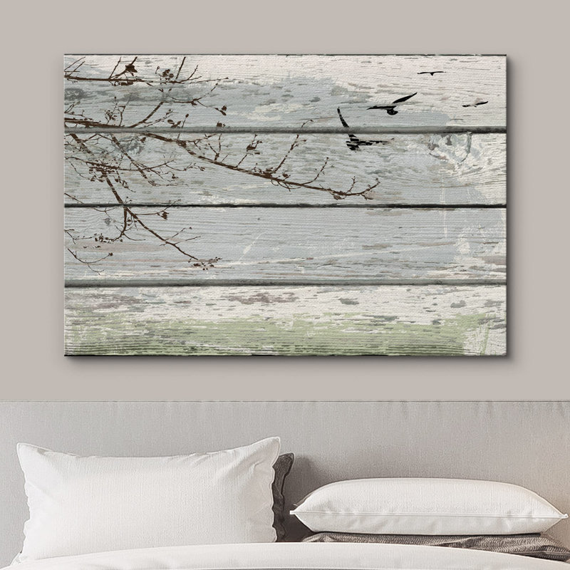Abstract Tree " Flying Birds & Tree On Retro Wood Effect Panels Animals Nature Illustrations Modern Art Rustic "