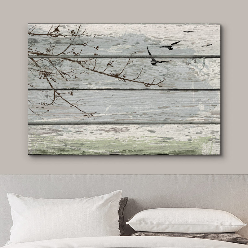 Flying Birds & Tree sur des panneaux effet bois rétro, animaux, nature, illustrations, art moderne, rustique, Toile tendue