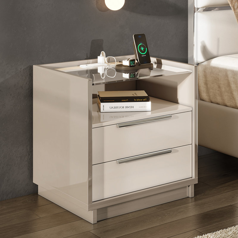 24" W Modern High Gloss Nightstand With Glass Tabletop with Charging Station
