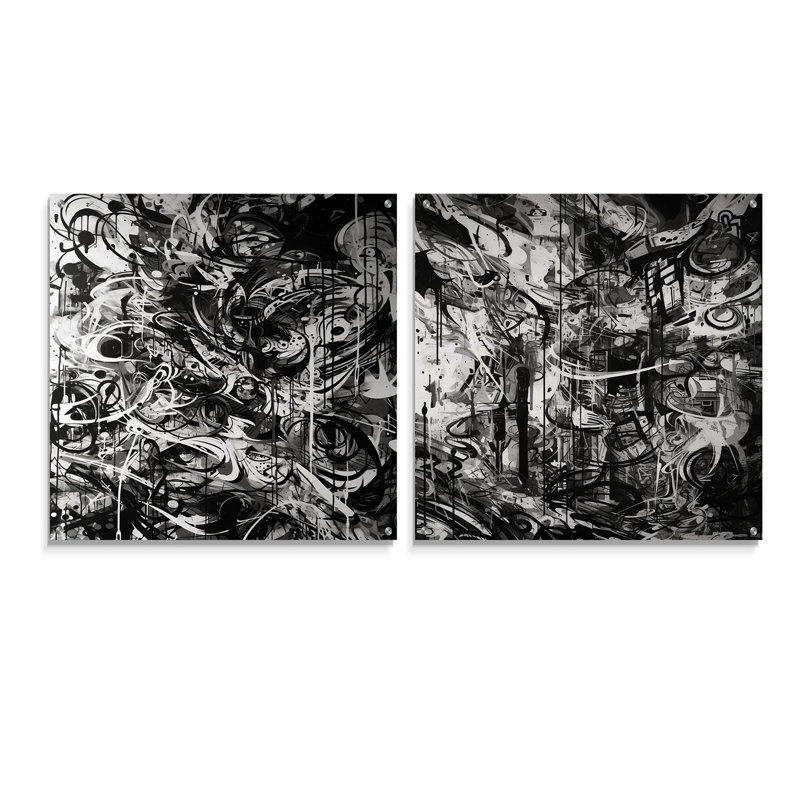 «Black and White Graffiti Cosmic I», ensemble de 2 peintures murales abstraites géométriques en acrylique, H 16 po x l 33 po