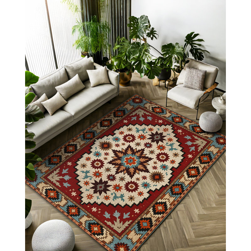 Albasa Collection Digital Print Cotton-Polyester Burgundy Colorful Moroccan Rug, Rectangle 4' x 6'7"