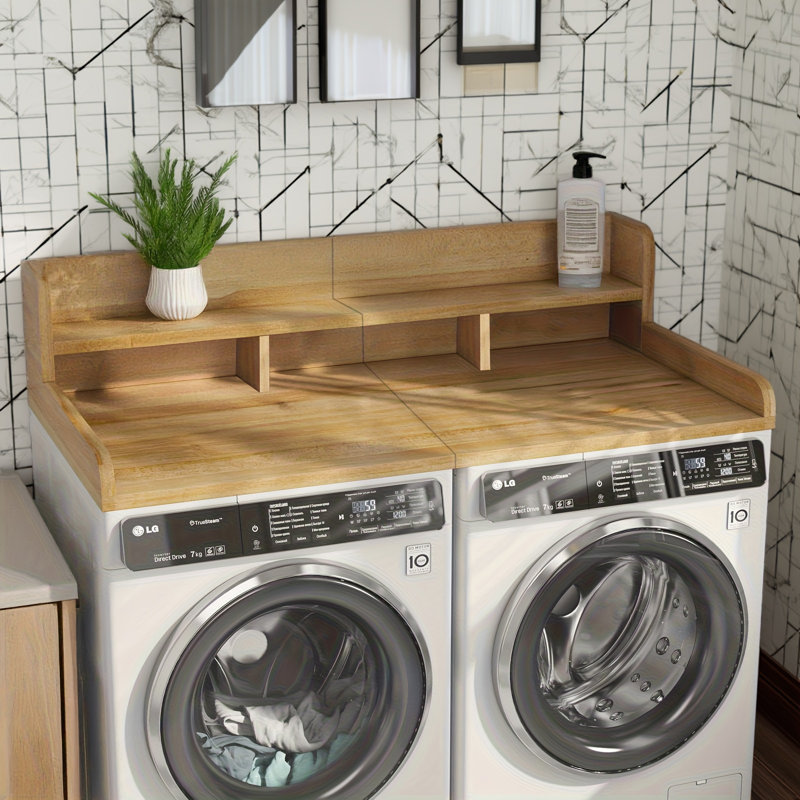Laundry Washer Dryer Countertop Organizer Double Layer Mdf Shelf With Waterproof Surface, Natural