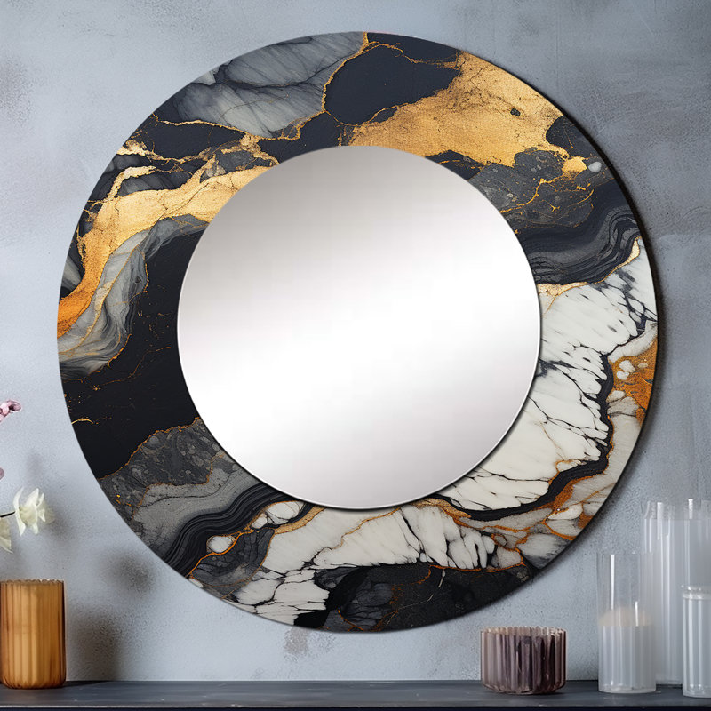 Rodrekus minimalisme chrome or et noir poteries III - miroir décoratif spirales abstraites, grand miroir mural rond moderne, art imprimé en métal
