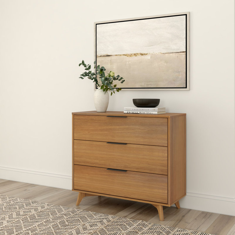 3 Drawer 37" W Solid Wood Dresser with Metal Pulls, Pecan
