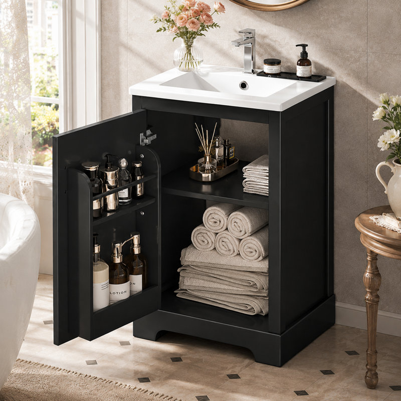 Meuble-lavabo Mavessa de 20 po avec lavabo en céramique, meuble-lavabo moderne sur pied avec porte à fermeture amortie, tablette de rangement intégrée, tablette réglable et robinetterie monotrou.