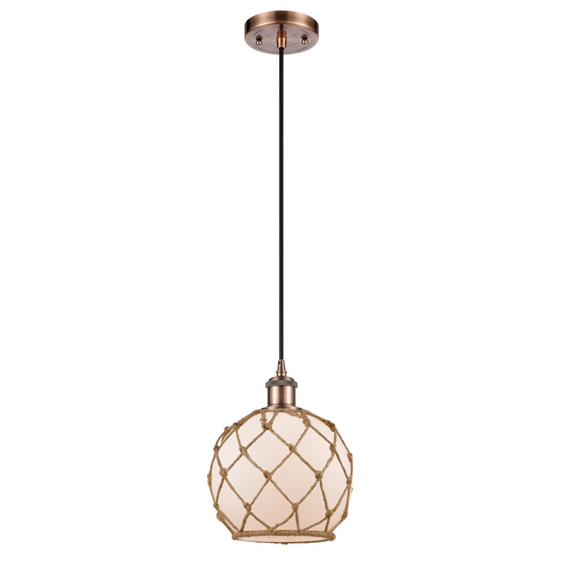 Luminaire suspendu en forme de globe à 1 lumière avec accents en corde Tobey, Blanc / Brun, H 10 pi x l 8 po x P 8 po