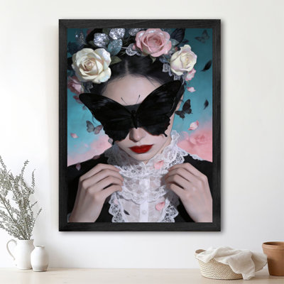 Black Framed Vintage Butterfly and Flower-Covered Girl Wall Art Retro Creativity Style Framed Prints