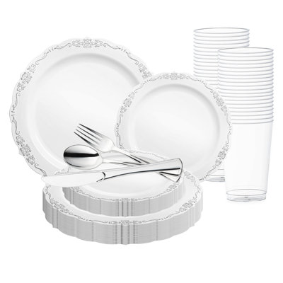White with Silver Vintage Rim Round Disposable Plastic Wedding Value Set - 30 Settings