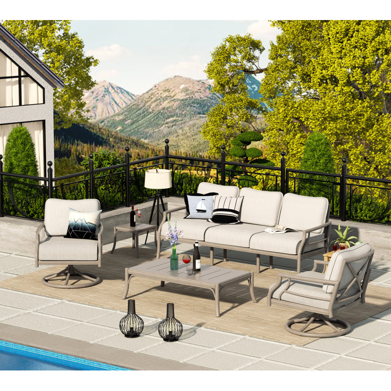 Lamando 5 - Person Patio Aluminum Swivel Conversation Set With Olefin Cushions
