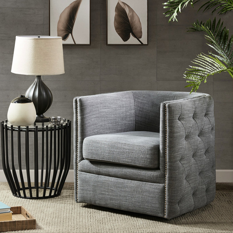 Chaise pivotante à 360 degrés avec tissu texturé gris, structure en bois massif, coussin de siège amovible, fauteuil de salon confortable, gris, base, revêtement, coussin en mousse haute