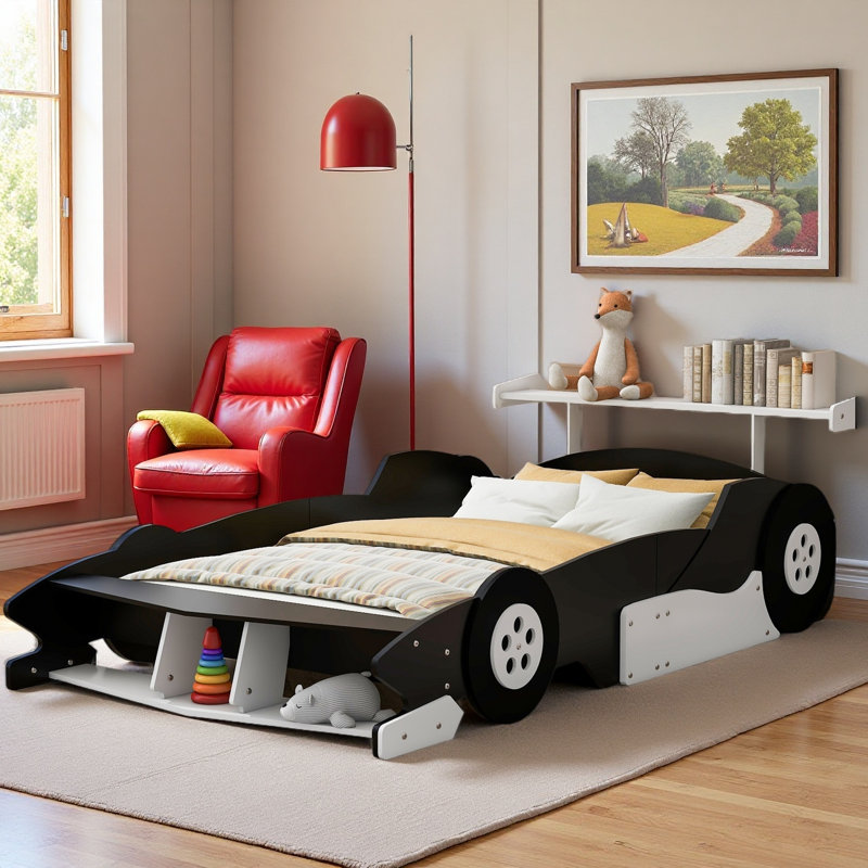 Lit de voiture de course avec garde-corps pour enfants, Lit double, Noir