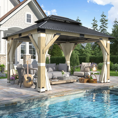 13 pi. L 11 pi. X P 11 pi. D Pavillon de jardin pour terrasse en bois massif avec rideaux et filets