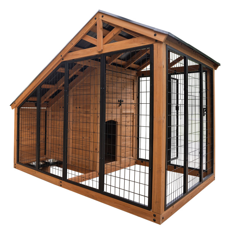 Large Cedar Wood Dog Kennel with Steel Roof and Feeding Tray